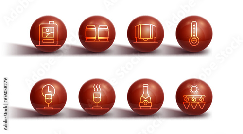 Set line Cardboard box of wine, Wine time, Meteorology thermometer, Champagne bottle, tasting, degustation, Wooden barrel for, Drying grapes and icon. Vector