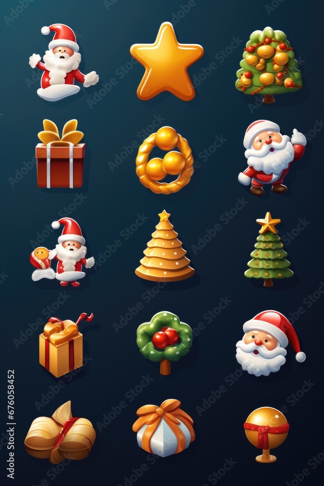 A set of Christmas icons displayed on a dark background. Perfect for holiday designs and festive projects.