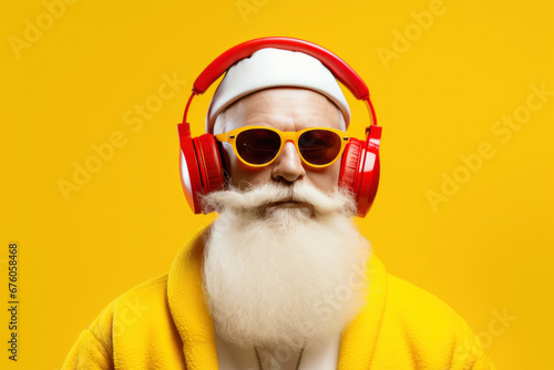 Cool trendy old man in sunglasses and headphones with white beard  © spyrakot