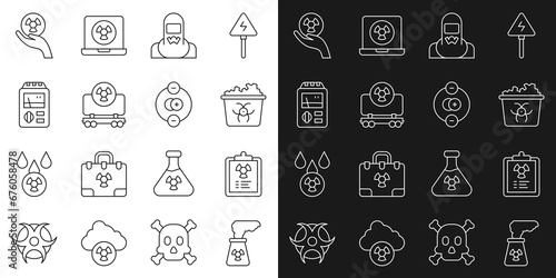 Set line Nuclear power plant, Radiation warning document, Infectious waste, reactor worker, Radioactive cargo train, Dosimeter, and Atom icon. Vector