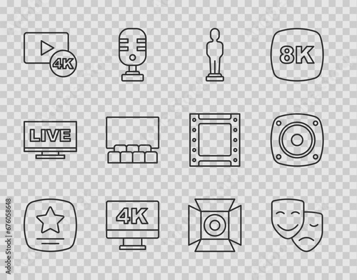 Set line Walk of fame star, Comedy and tragedy masks, Movie trophy, Screen tv with 4k, Cinema auditorium screen, spotlight and Stereo speaker icon. Vector