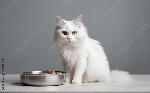 White fluffy cat sitting near the metal bowl of pet food on light gray background