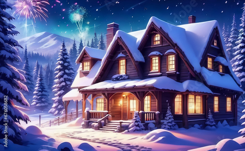 Fantastic winter landscape with festive fireworks. New Year. AI