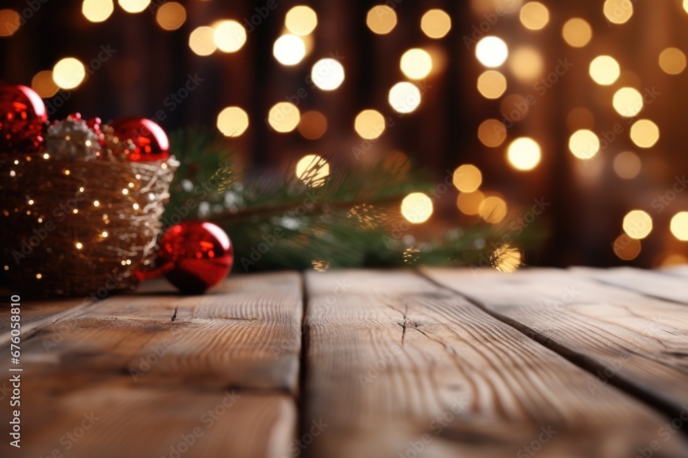 A wooden table adorned with a variety of colorful Christmas ornaments and twinkling lights. Perfect for adding a touch of holiday spirit to any festive occasion. A wooden table adorned with a variety of colorful Christmas ornaments and twinkling lights. Perfect for adding a touch of holiday spirit to any festive occasion.