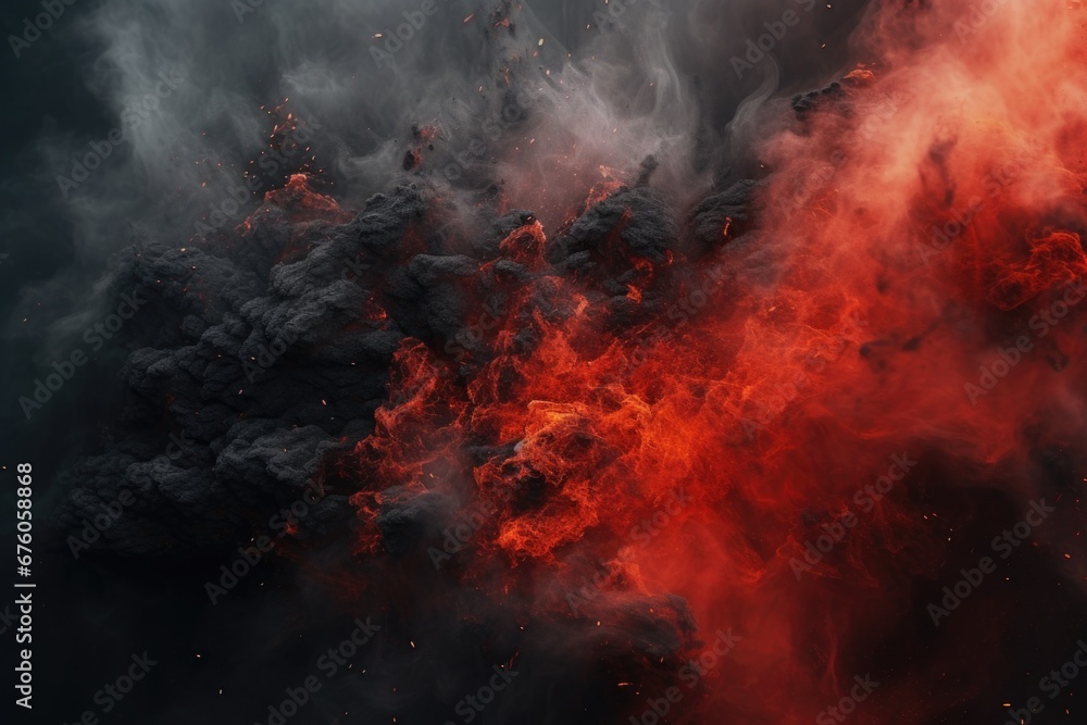 A picture capturing a large plume of red and black smoke. This image can be used to depict fire, explosions, disaster, pollution, or environmental issues.