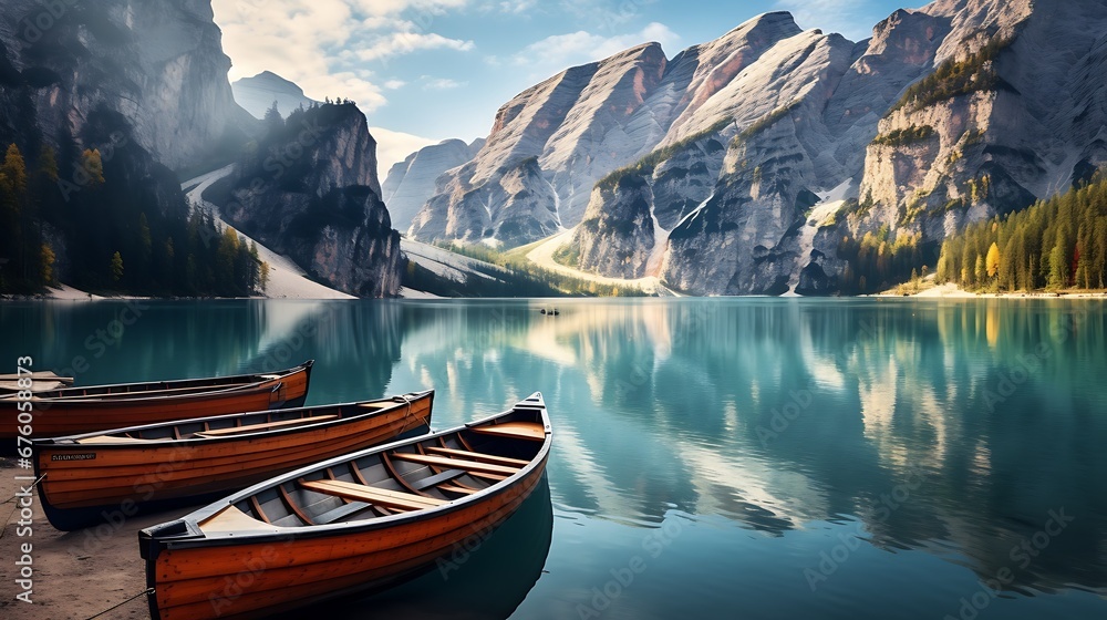 Boats on the Braies Lake ( Pragser Wildsee ) in Dolomites mountains, Sudtirol, Italy