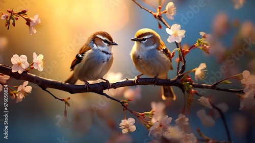 small sparrows on branches sitting and eating small flowers