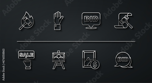 Set line Auction hammer, Price tag with Sale, painting, Hand holding auction, Bid and icon. Vector