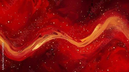 Red liquid with tints of golden glitters. Red background with a scattering of gold sparkles. Magic Galaxy of golden dust particles in red fluid with burgundy tints