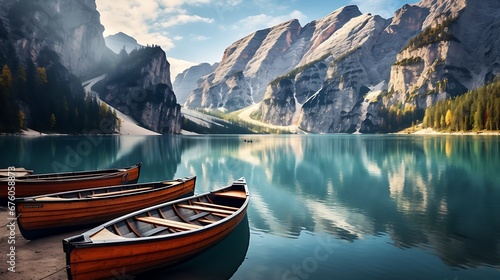 Boats on the Braies Lake ( Pragser Wildsee ) in Dolomites mountains, Sudtirol, Italy photo