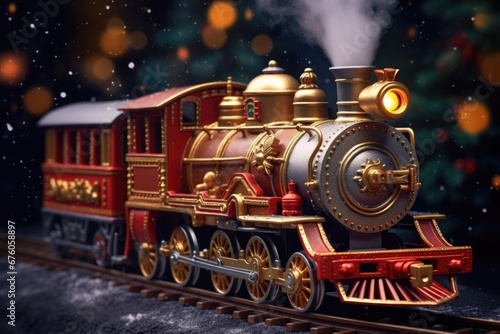 A toy train is pictured on a train track with a Christmas tree in the background. This image can be used to depict holiday decorations or a festive toy train set.