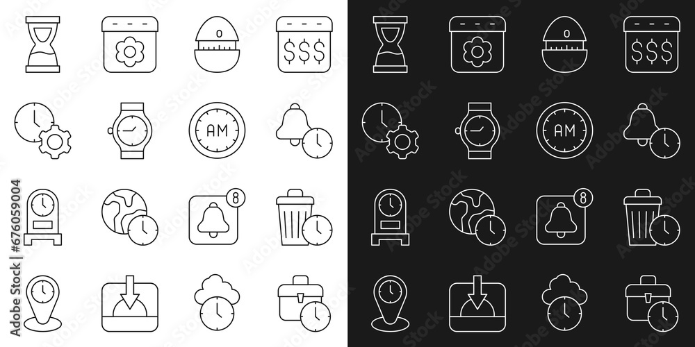 Set line Work time, Waste of, Alarm clock, Kitchen timer, Wrist watch, Time management, Old hourglass and Morning icon. Vector