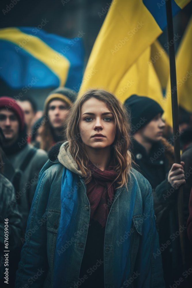 A woman confidently holds a flag in front of a large and diverse crowd. This powerful image can be used to represent unity, leadership, patriotism, or social movements. A woman confidently holds a flag in front of a large and diverse crowd. This powerful image can be used to represent unity, leadership, patriotism, or social movements.