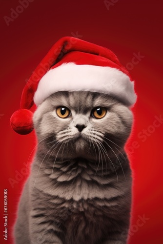 A cute cat wearing a Santa hat on a vibrant red background. Perfect for holiday-themed designs and festive projects. © Fotograf