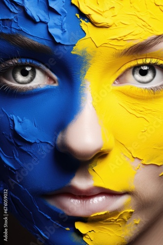 A woman with blue and yellow paint on her face. Can be used for creative makeup ideas or artistic concepts.