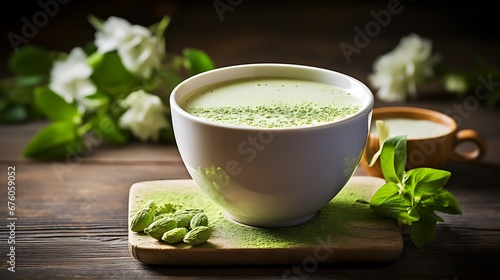 Cup of fresh matcha latte and powder on wooden table 