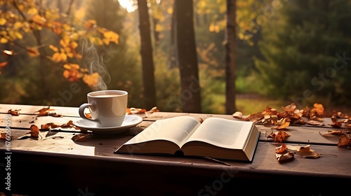 an open book and white coffee cup on the table, forest view autumn