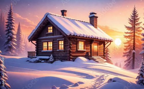 Fantastic winter landscape with a wooden house. AI