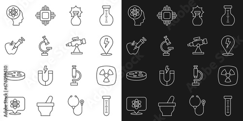 Set line Test tube, Radioactive, Lightning bolt, Explosion the flask, Microscope, Genetically modified apple, Atom and Telescope icon. Vector
