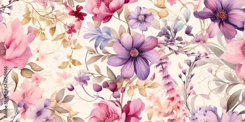 Fototapeta Naklejka Na Ścianę i Meble -  AI Generated. AI Generative. Watercolor drawing paint flowers pattern texture surface background decoration. Graphic Art