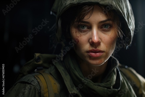 A woman wearing a military uniform with blood on her face. This image can be used to depict a soldier in a combat situation or a scene from a war movie photo