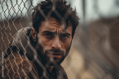 A man with a beard and a jacket is seen looking through a chain link fence. This image can be used to represent curiosity, exploration, or a sense of longing