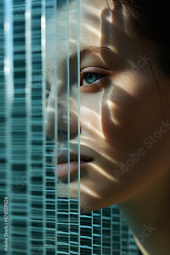 woman looking through a window with reflective surface, striped arrangements, tactile texture, glass sculptures