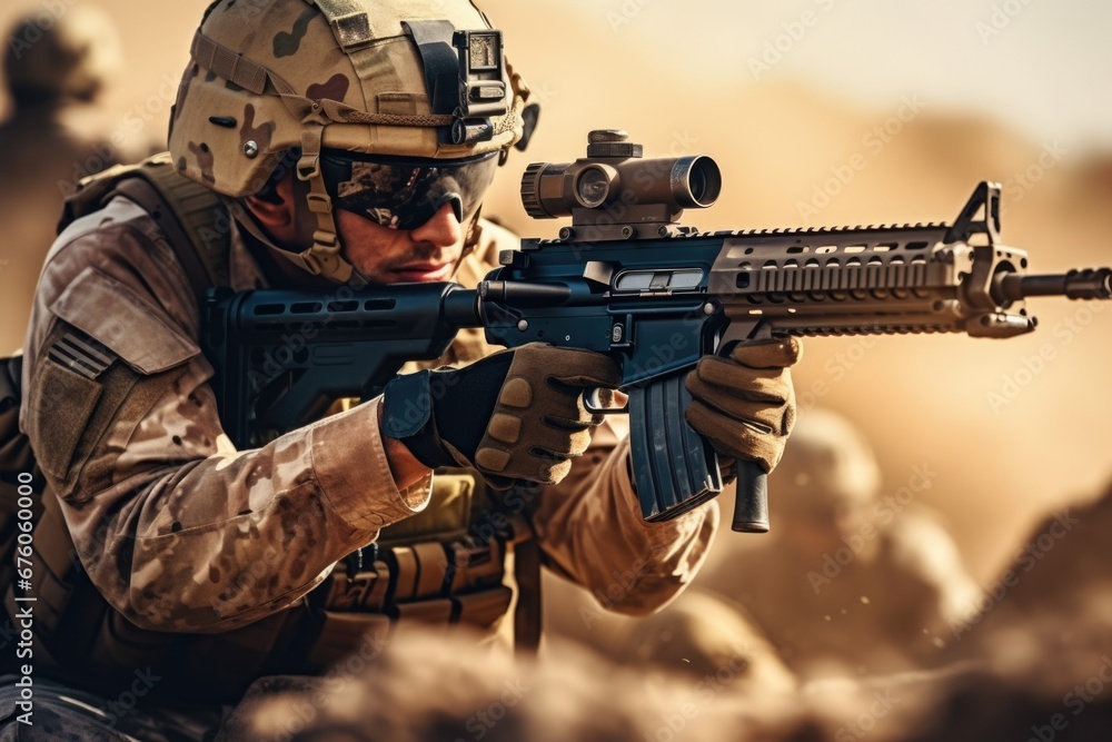 A powerful image of a soldier holding a rifle in the vast desert landscape. Ideal for military, war, and desert-themed projects A powerful image of a soldier holding a rifle in the vast desert landscape. Ideal for military, war, and desert-themed projects