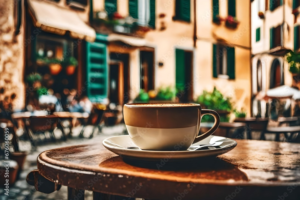 Fototapeta premium a coffee cup on an italian village terrace table , capuccino