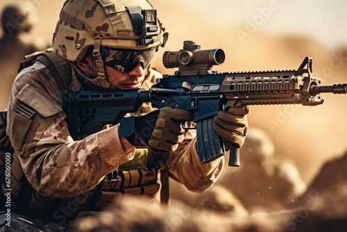 A powerful image of a soldier holding a rifle in the vast desert landscape. Ideal for military, war, and desert-themed projects