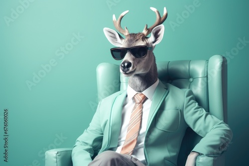 A deer wearing sunglasses is sitting in a chair. This unique and quirky image can be used for various purposes, adding a touch of humor and style to any project photo