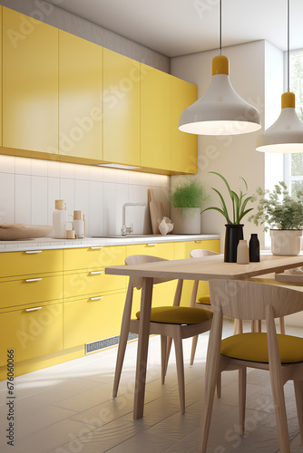 Small kitchen interior in yellow color in modern appartment.