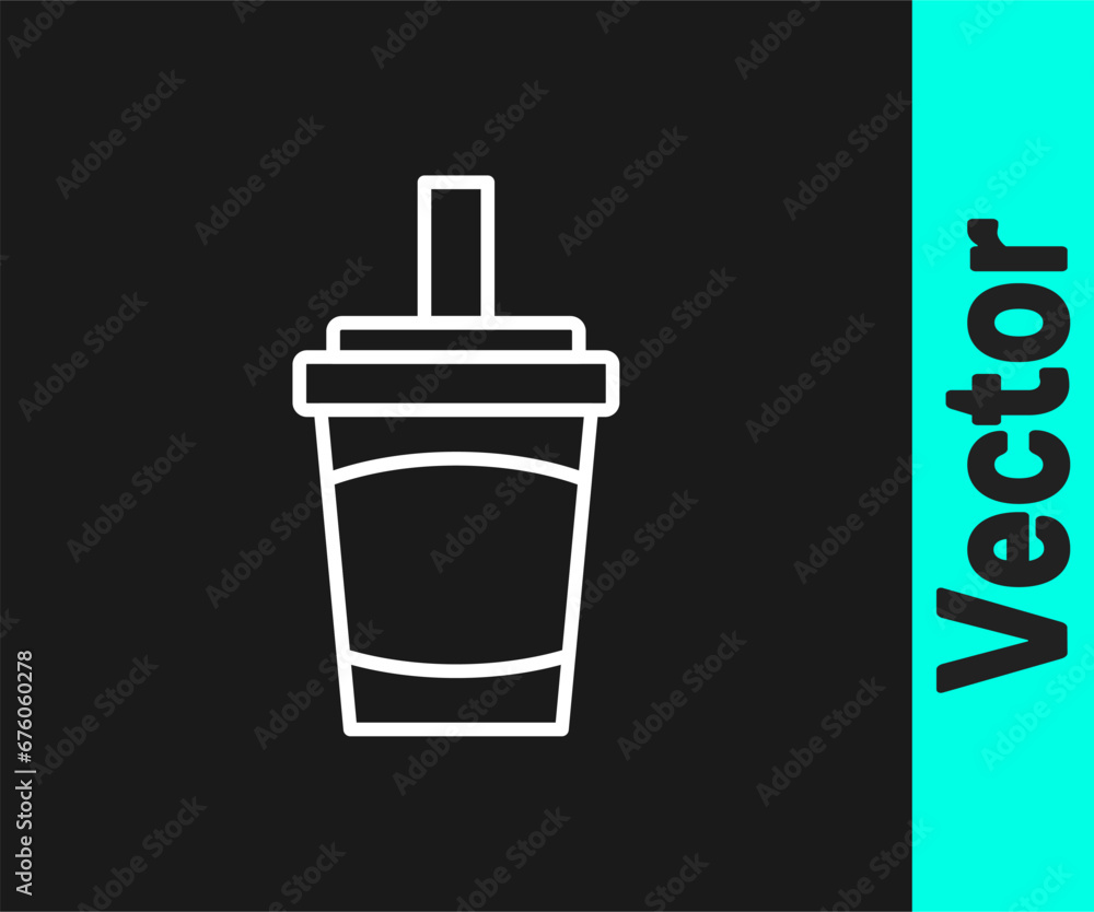 White line Paper glass with drinking straw and water icon isolated on black background. Soda drink glass. Fresh cold beverage symbol. Vector White line Paper glass with drinking straw and water icon isolated on black background. Soda drink glass. Fresh cold beverage symbol. Vector