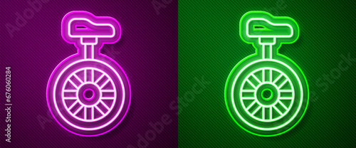 Glowing neon line Unicycle or one wheel bicycle icon isolated on purple and green background. Monowheel bicycle. Vector
