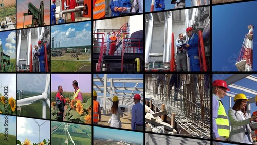 Industrial Production, Development and Growth. Workers Of Different Professions At Work. Workforce Productivity. Wind Farm. Oil and Gas Industry. Construction Industry. photo