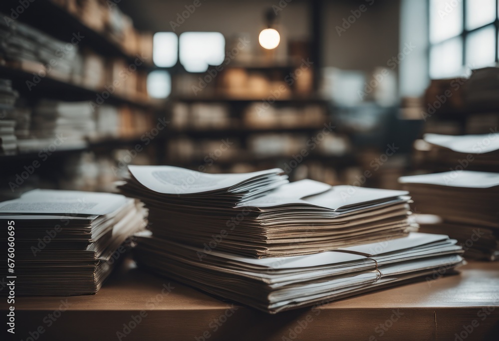Education learning concept with opening book or textbook in old library, stack piles of literature text academic archive on reading desk and aisle of bookshelves in school study class room background - obrazy, fototapety, plakaty 