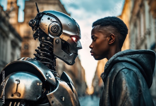 Black skinned young man versus full metal angry cyborg robot looking at each other, face to face, side view. The face of male guy and robot opposite each other look into the eyes. Modern technologies photo