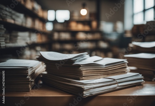 Education learning concept with opening book or textbook in old library, stack piles of literature text academic archive on reading desk and aisle of bookshelves in school study class room background photo