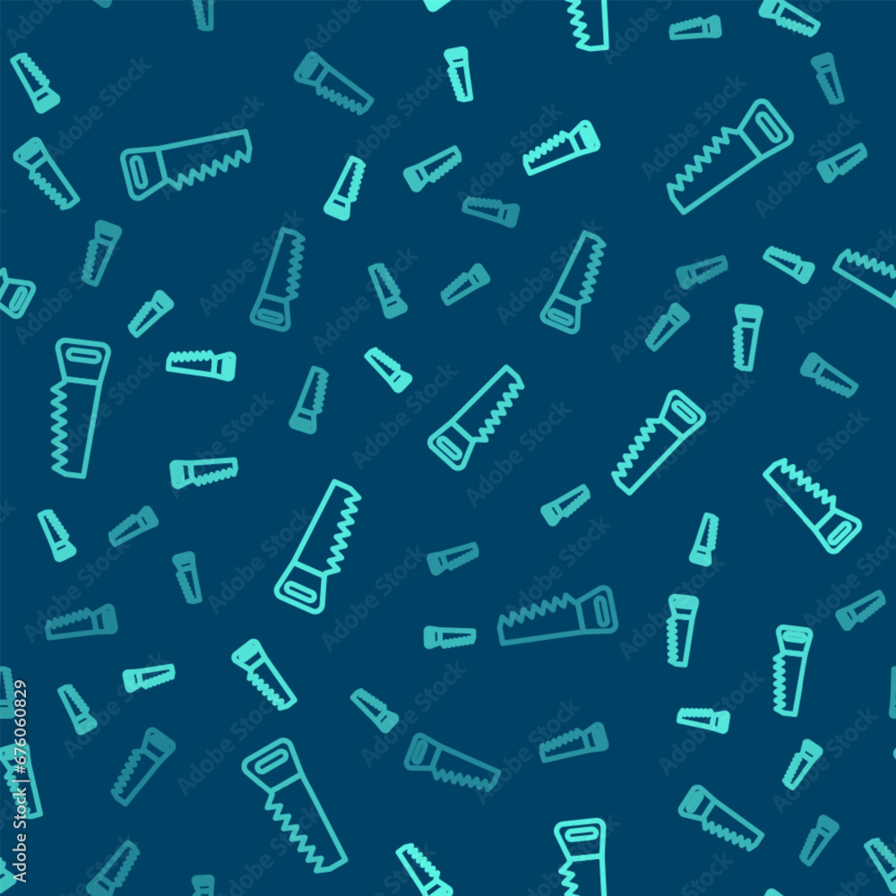 Green line Hand saw icon isolated seamless pattern on blue background. Vector Green line Hand saw icon isolated seamless pattern on blue background. Vector