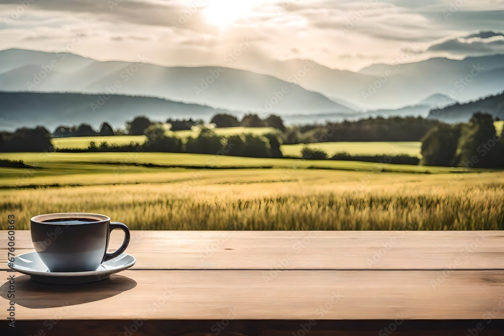 coffe cup on a wooden table , sunny morning in countryside ambiance