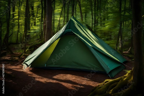 green tent in the woods , bushcraft and wild camping