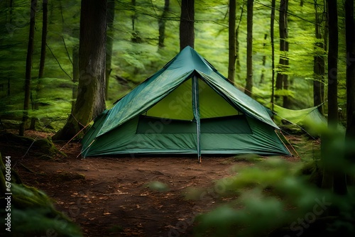 green tent in the woods , bushcraft and wild camping © eric