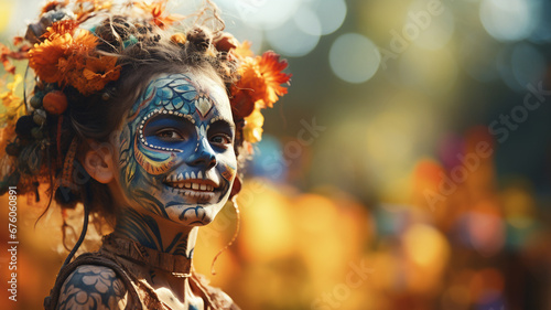 Happy child with skull face paint celebrating day of the dead outdoor holiday in mexico festive event
