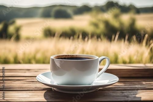 coffe cup on a wooden table , sunny morning in countryside ambiance