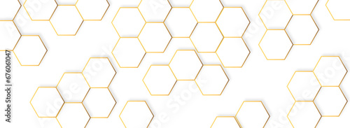 Abstract white hexagonal background with golden honeycomb pattern. Luxury white pattern. 3D Futuristic abstract honeycomb mosaic white background. geometric mesh cell texture. Vector Illustration.	
