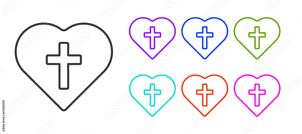 Black line Christian cross in heart icon isolated on white background. Happy Easter. Set icons colorful. Vector