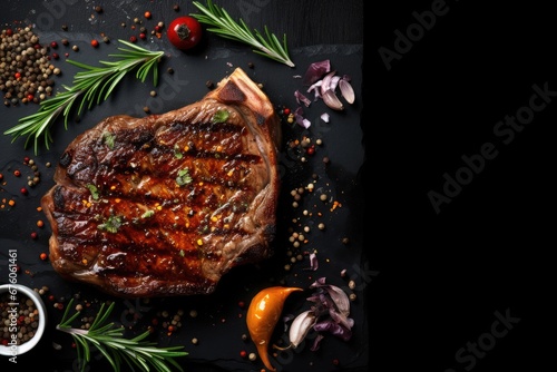 Rib eye steak with spices on the black background. Top view