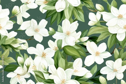 Seamless pattern of white jasmine flowers and green leaves. Watercolor painting