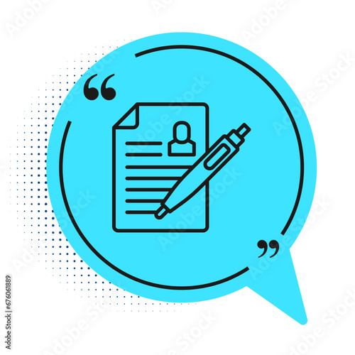 Black line Resume icon isolated on white background. CV application. Searching professional staff. Analyzing personnel resume. Blue speech bubble symbol. Vector