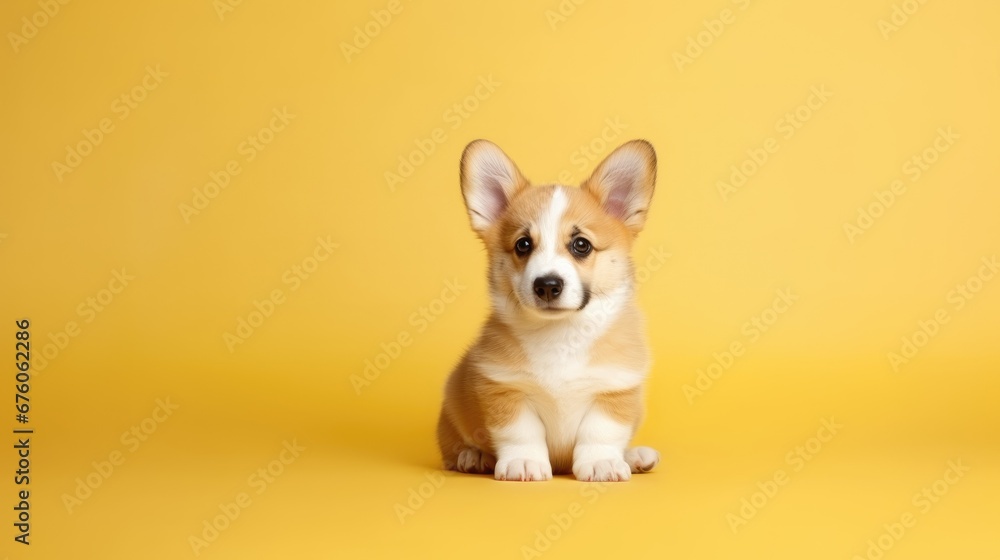 Portrait of a Pembroke Welsh corgi puppy on a yellow background Portrait of a Pembroke Welsh corgi puppy on a yellow background